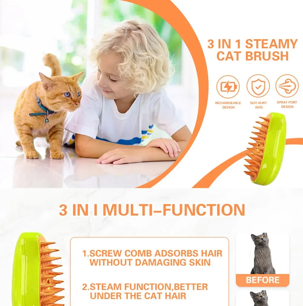 3-in-1 Electric Steamy Pet Brush | Professional Grooming & Massage Tool for Cats and Dogs